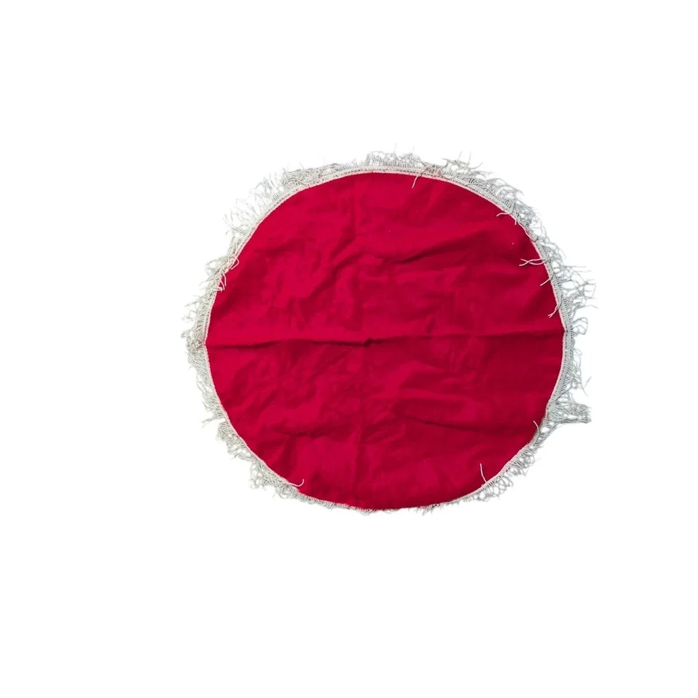 Vtg Red Fuzzy Christmas Tree Skirt with White Fringe Trim Round Holiday Decor